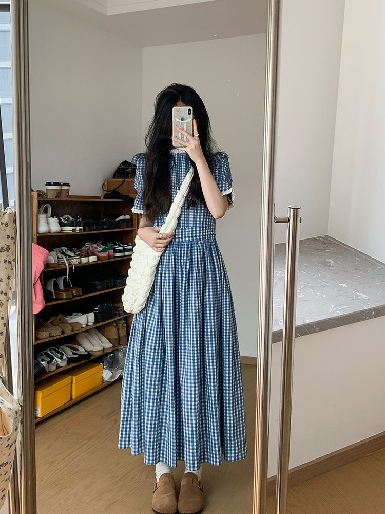 韓版收腰藍色中長款短袖連衣裙女度假復古格子a字氣質長裙