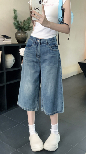 Large size American retro blue washed denim wide-leg shorts, loose casual mid-pants, versatile straight-leg cropped pants