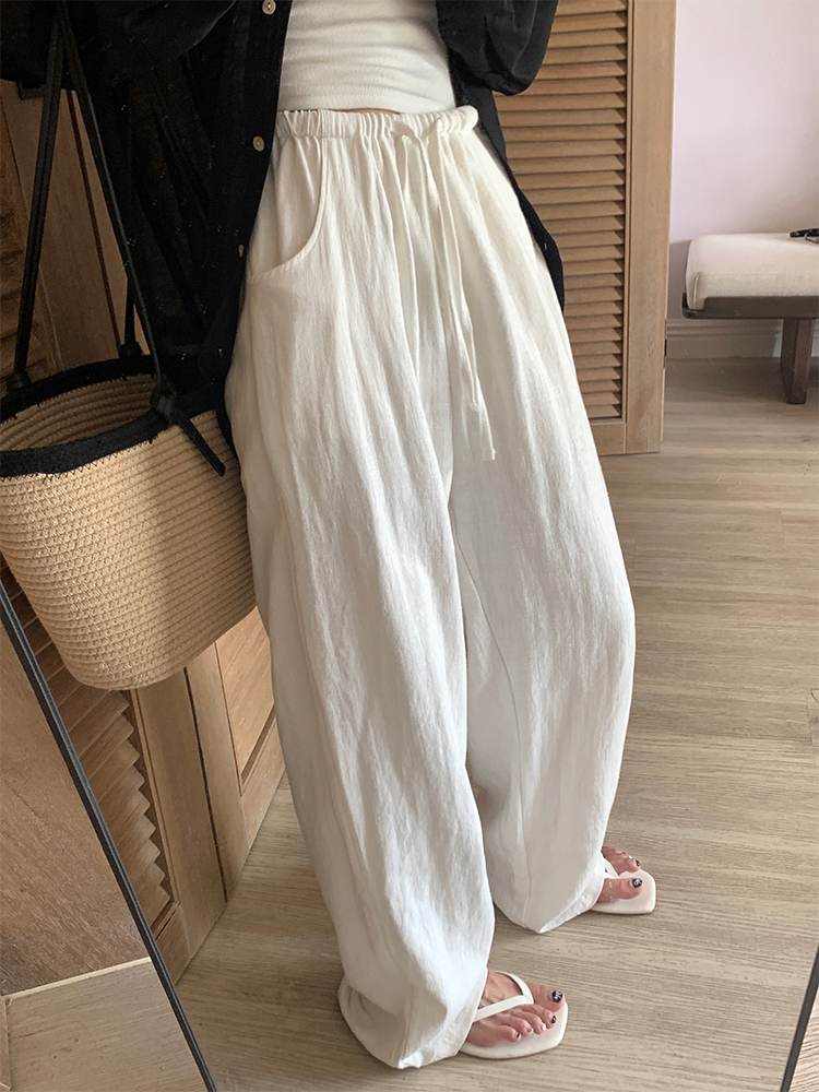 A7seven 休閒褲女夏季簡約薄款寬鬆高腰顯瘦白色直筒褲棉麻闊腿褲