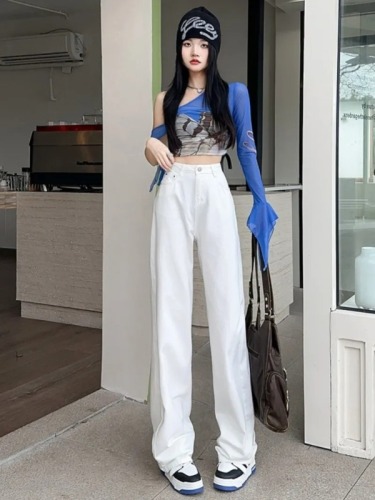 2024 White Magilla Embroidered Pocket Wide Leg Denim Jeans Women's Summer New High-Waisted Slim Straight Pants