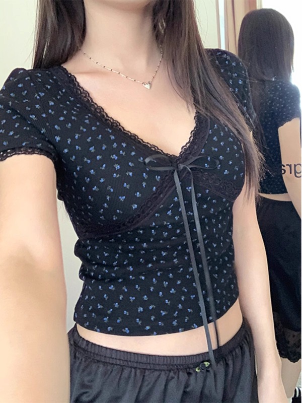 2*2 Modal 260g short-sleeved T-shirt summer lace slim trendy short shoulder V-neck Korean style top