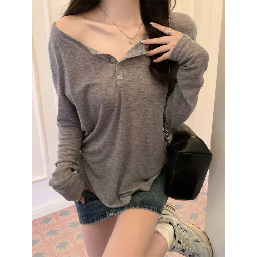 Real shot of pure lust style thin v-neck sunscreen long-sleeved T-shirt for women 2024 summer niche blouse sweet spicy top