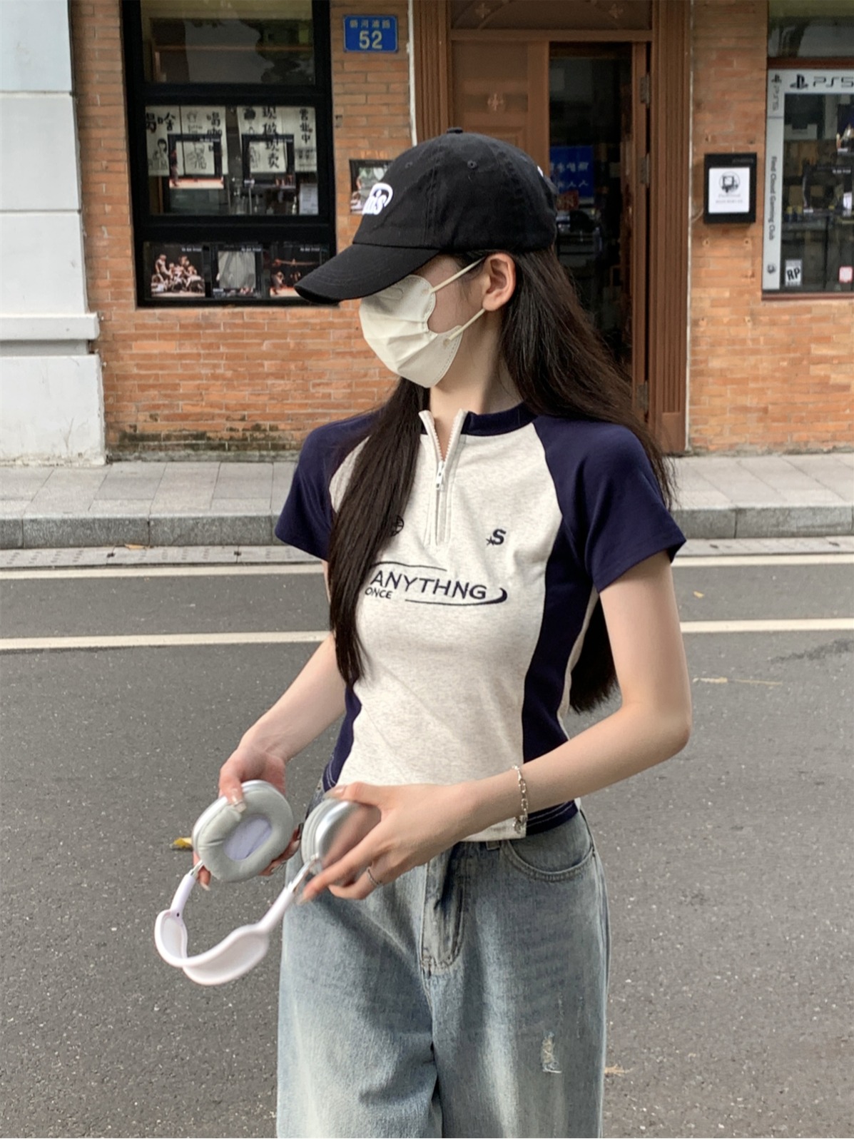 實拍 夏季韓版修身拉鏈美式字母刺繡插肩撞色純棉短袖T恤上衣