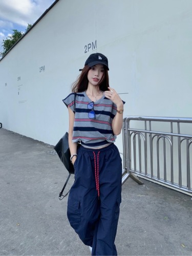 Actual shot ~ Drag sister’s design drawstring workwear sports casual trousers + hollow strap sleeveless striped T-shirt