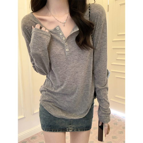 Real shot of pure lust style thin v-neck sunscreen long-sleeved T-shirt for women 2024 summer niche blouse sweet spicy top