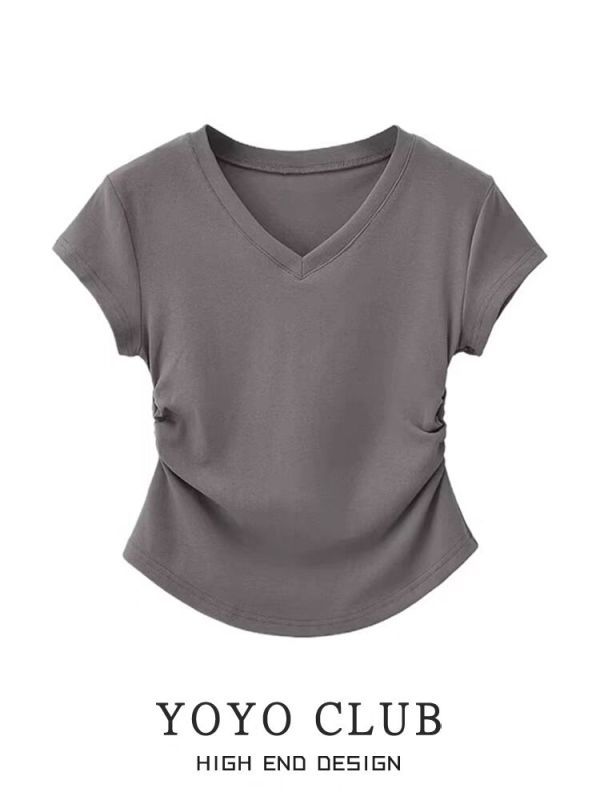 Irregular shoulder short-sleeved T-shirt for women summer new design pleated waist pure lust top