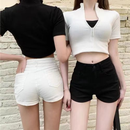 Jeans women's high waist black straight pants summer new versatile hip-covering hot pants tight slimming casual shorts