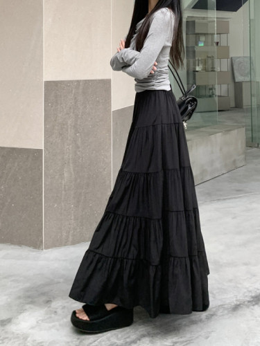 White spliced ​​skirt for women, versatile spring temperament, large swing umbrella skirt, high waist cake long skirt