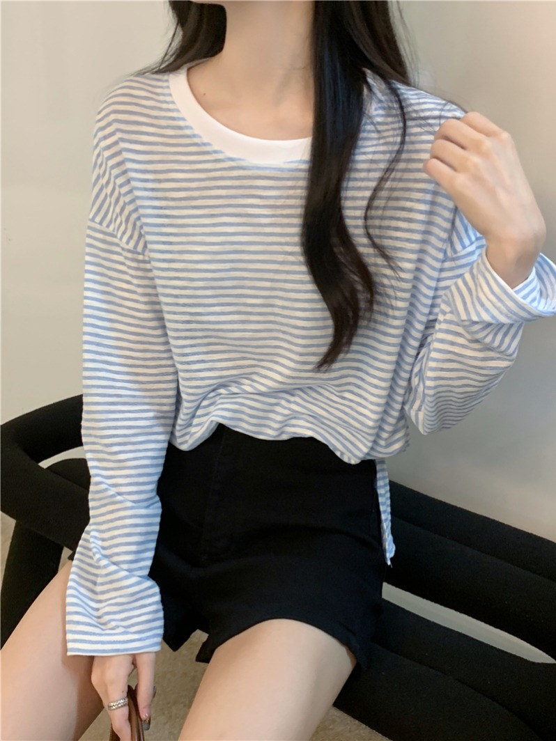 Real shot, real summer thin long-sleeved striped round neck T-shirt cover-up sun protection shirt top for women
