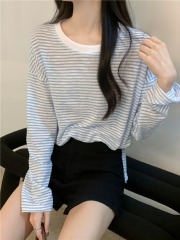 Real shot, real summer thin long-sleeved striped round neck T-shirt cover-up sun protection shirt top for women
