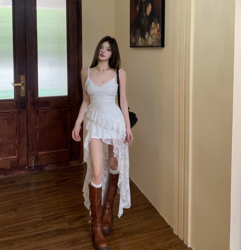 Actual shot and real price Pure lust hot girl style irregular hem slit dress lace suspender skirt