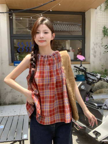 Real shot 2024 summer new style retro plaid camisole women's bow tie shirt top