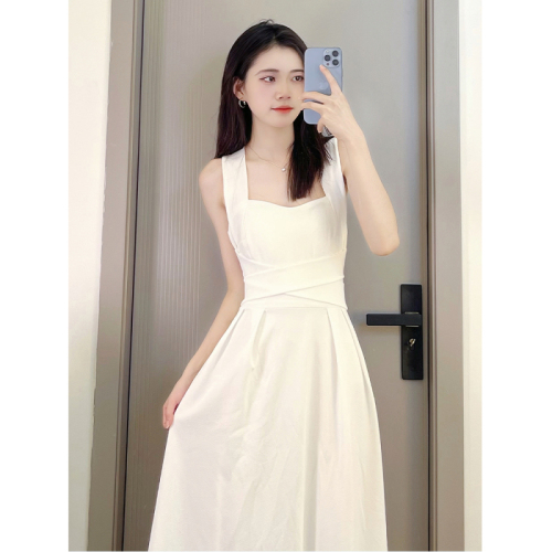 French temperament white dress for women summer new style cross strap high-end niche suspender waist slim long skirt