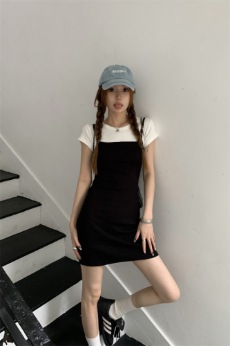 Real shot~Fake two-piece short-sleeved dress for women slimming suspender skirt