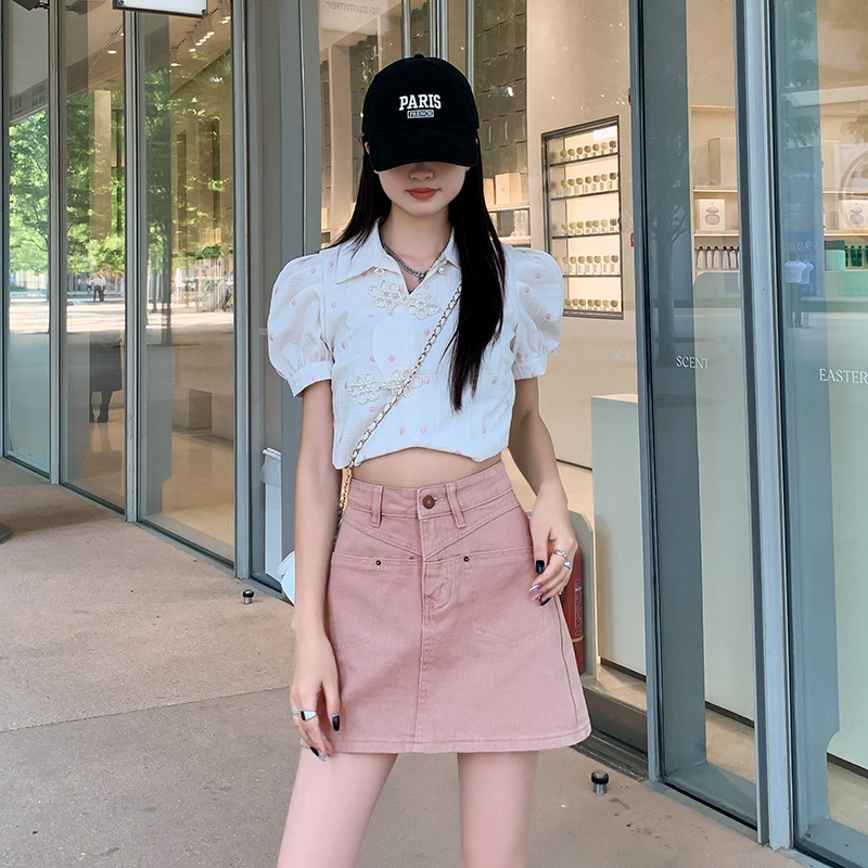 Actual shot of new summer dirty pink denim skirt for women, versatile high-waisted, slimming and anti-exposure A-line skirt, trendy