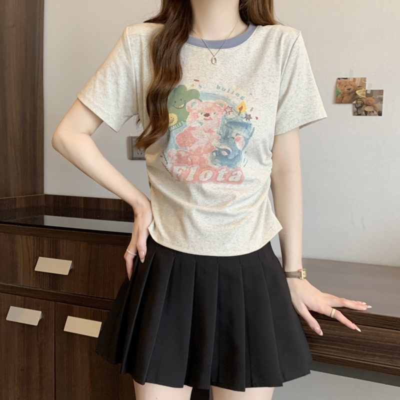 Real shot 40 count pure cotton 2024 summer print contrasting color short-sleeved T-shirt women's waist top