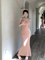 Real shot of pure lust style sexy breast-revealing hottie's suspender long dress showing figure, sleeveless knitted vest dress for women