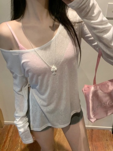 Actual shot Korean style lazy side slit lazy air conditioning shirt sun protection blouse