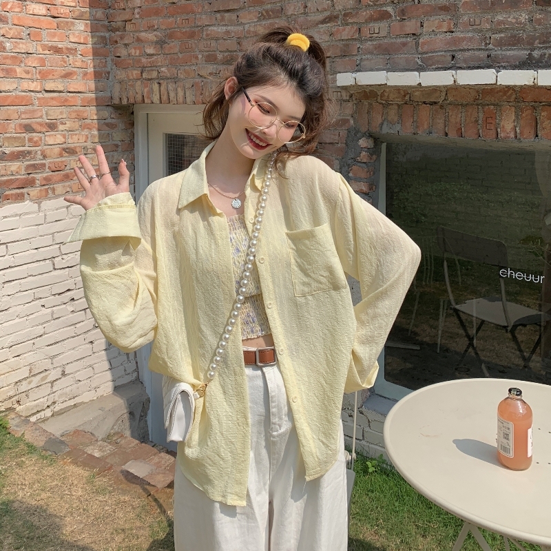 Super fashionable sun protection shirt loose and versatile long-sleeved shirt for women spring and summer new loose solid color top