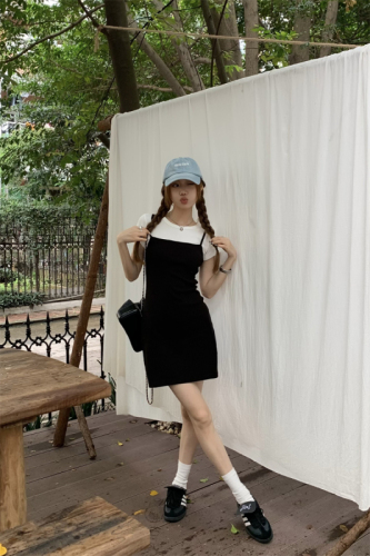 Real shot~Fake two-piece short-sleeved dress for women slimming suspender skirt