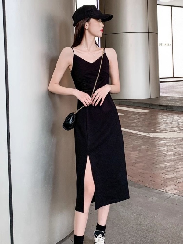 French black suspender dress summer new little black dress slim fit inner long skirt
