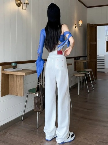 2024 White Magilla Embroidered Pocket Wide Leg Denim Jeans Women's Summer New High-Waisted Slim Straight Pants