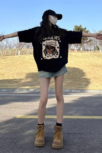 Pure cotton American short-sleeved T-shirt for women 2024 summer new style loose large design half-sleeved T-shirt top