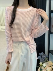 Real shot, real summer thin long-sleeved striped round neck T-shirt cover-up sun protection shirt top