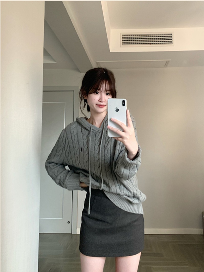 Women's New Loose Fit Hooded Knit Sweater, Cable Knit Korean Style Casual Solid Color Knit Top, Trendy