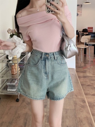 Large size embroidered floral butterfly leather brand denim shorts washed distressed straight wide leg hot girl shorts