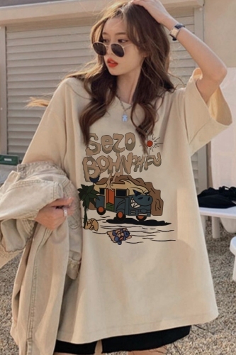 Douyin popular drop shoulder loose fit 200g combed cotton back hemmed short-sleeved T-shirt printed version