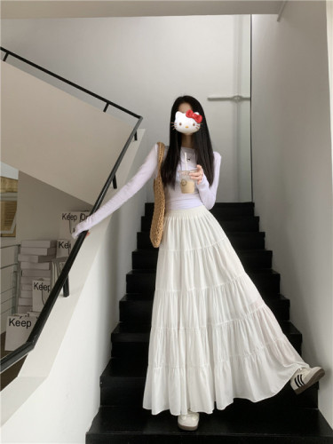 White spliced ​​skirt for women, versatile spring temperament, large swing umbrella skirt, high waist cake long skirt