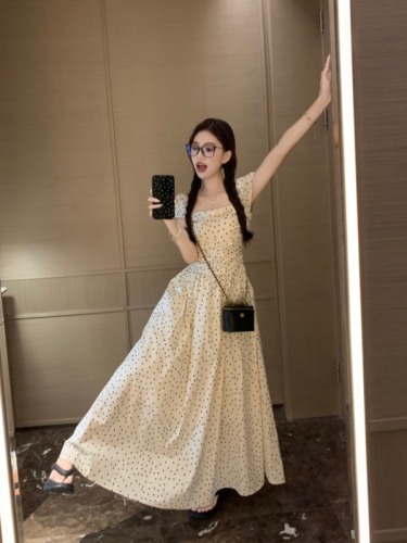 French style small flying sleeves polka dot dress summer feminine slimming long skirt niche design square collar