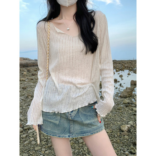 Actual shot of 2024 summer casual style long-sleeved sun protection blouse thin striped loose versatile T-shirt top