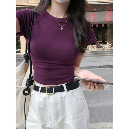 Hot girl pure desire purple short-sleeved T-shirt women's summer tight slimming bottoming shirt short top