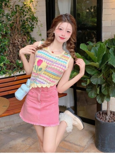 Summer Dopamine Outfit Set Women's Color Striped Camisole Pink Skirt Two-piece Set