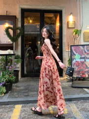 Summer French rose print strappy long skirt pleated slim resort style beach dress