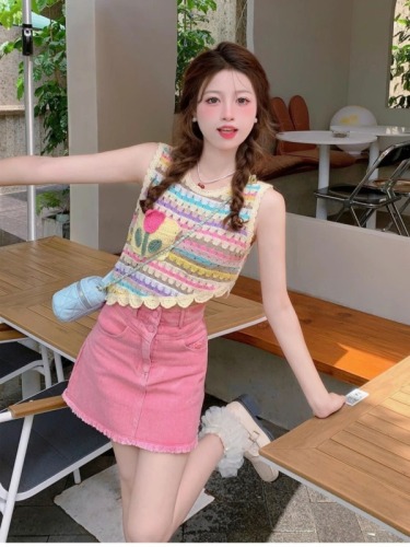 Summer Dopamine Outfit Set Women's Color Striped Camisole Pink Skirt Two-piece Set