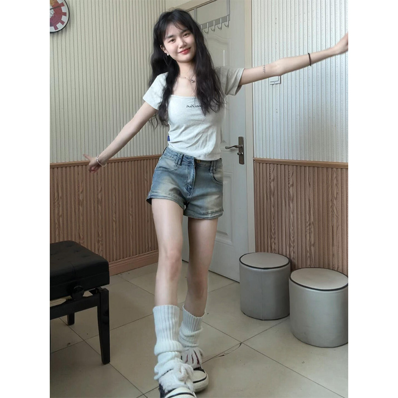 American retro petite denim shorts for women summer thin high-waist elastic slimming A-line hot girl straight wide-leg pants