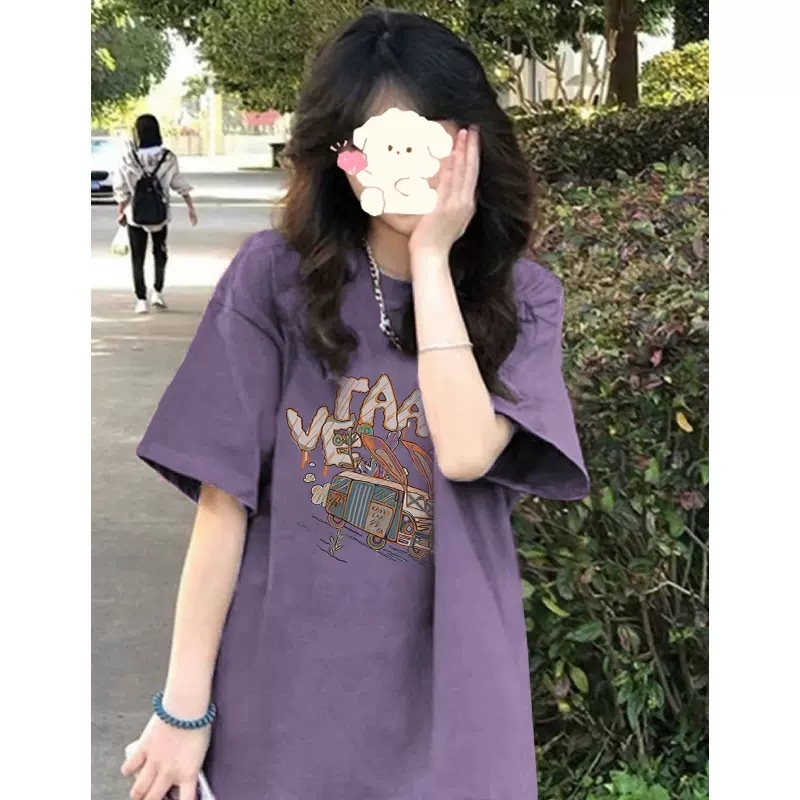 Pure cotton 220g purple short-sleeved T-shirt for women summer 2024 new style alienation wear loose half-sleeved T-shirt top