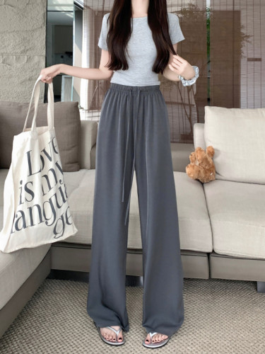 Actual shot and real price~High-waisted slimming acetate satin drawstring hot girl drapey walking wide-leg pants versatile casual pants