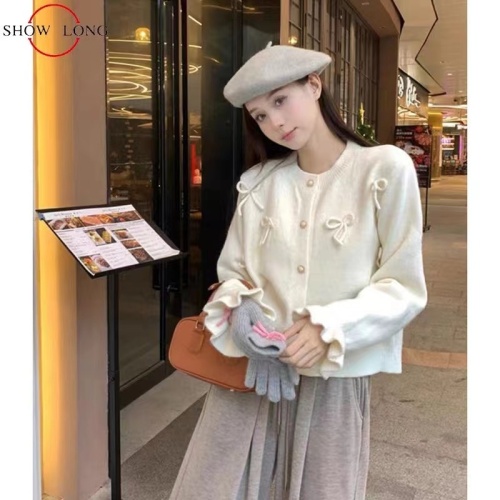 French red bow sweater cardigan for women spring and autumn design niche retro slim knitted jacket short