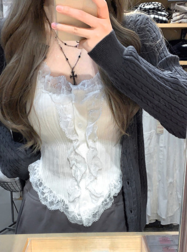 Soft Omni slim-fitting lace knitted top suspender + Korean comic senior long-sleeved slim jacket