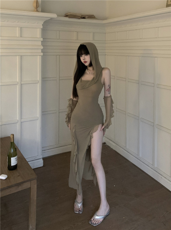 Real shot of drapey hooded high-slit long skirt for women summer lace mesh sleeve dress
