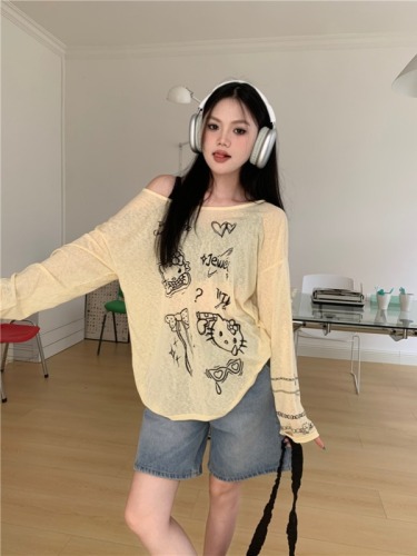 Actual shot of lazy cartoon print thin long-sleeved T-shirt women's loose sun protection blouse top