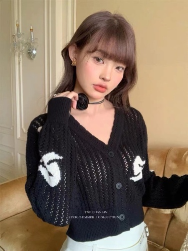 Early autumn bow V-neck hollow knitted cardigan for women 2024 new sweet loose short sweater top