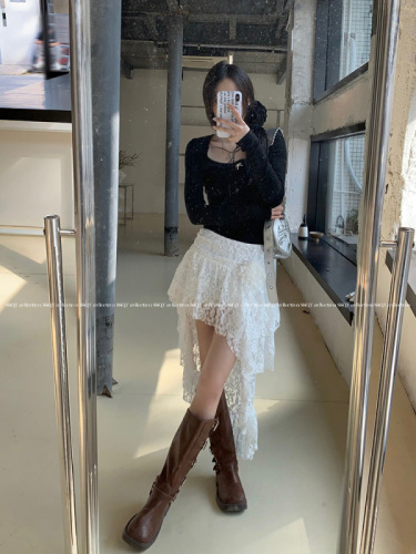 Actual shot and real price ~ Romantic lace irregular niche design versatile high-waisted slimming white skirt for women