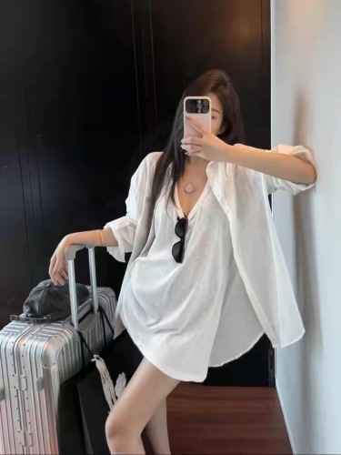 Secretary He 2024 summer ramie slightly translucent cool shirt + loose large version tall vest skirt for women