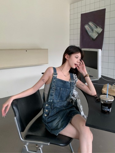 Real shot!  Summer vitality workwear denim suspender skirt summer American short dress age-reducing skirt