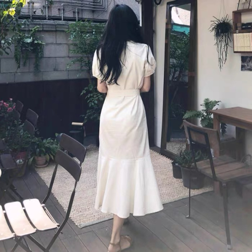 Korea's new retro literary style cotton and linen fishtail long dress with loose straps to tighten the waist and slim down the long skirt